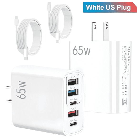 65W USB C Fast Charger,4 Pcs (2 Charger Block   2 USB-C 3.28 Ft Cable) Wall Charger Block,5 Port Power Adapter,Compatible with Various Types of Mobile Phones and Computers,White