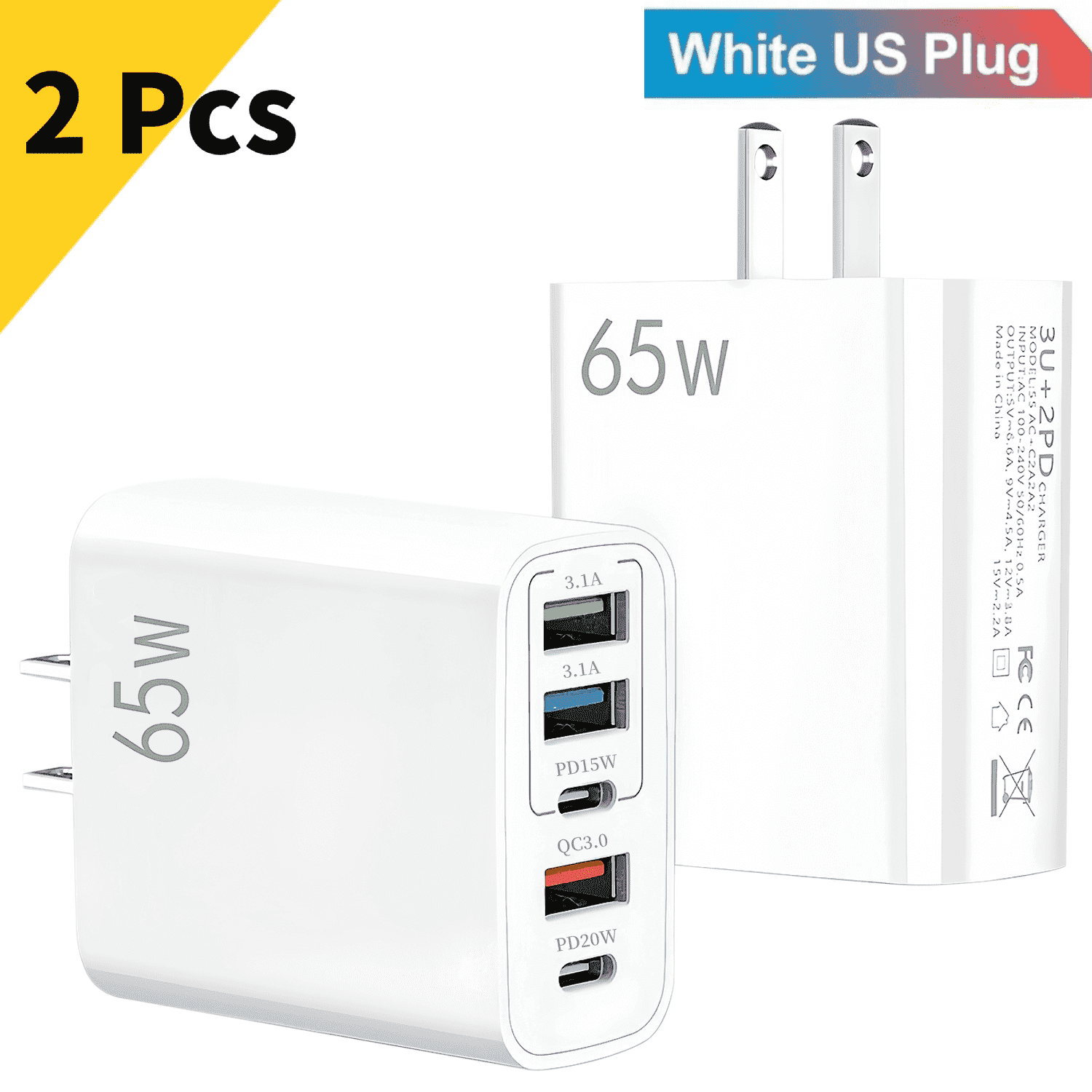 Walmart Deals of QINIUXO 65W USB C Fast Charger, 2 Pack White Wall Charger Block, 5 Port Power Adapter, PD and QC 3.0 Compatible