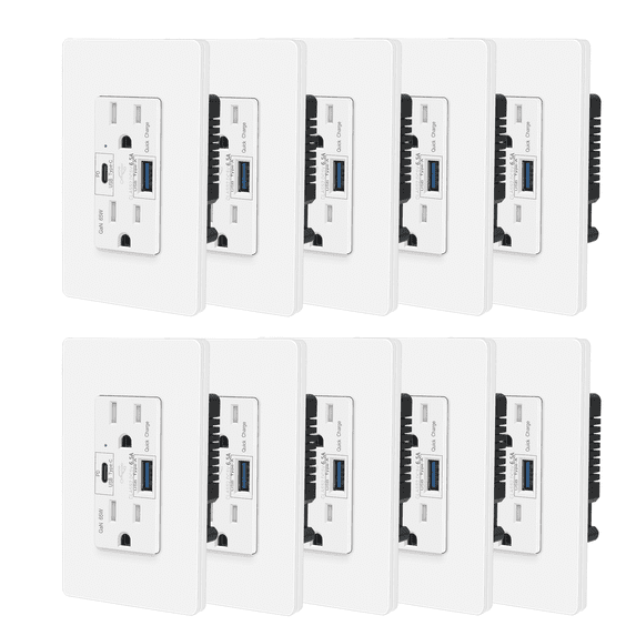 65W USB C PD Outlet Fast Charging for Laptop,Nineleaf 10PK GaN Type C Outlet,15 Amp Tamper Resistant Receptacle Plug,Electrical USB Socket Charge for Mac Air,iPhone 15,Android,UL Listed