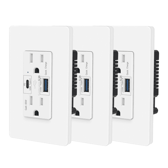65W USB C PD Outlet Fast Charging for Laptop,Nineleaf 3PK GaN Type C Outlet,15 Amp Tamper Resistant Receptacle Plug,Electrical USB Socket Charge for Mac Air,iPhone 15,Android,UL Listed