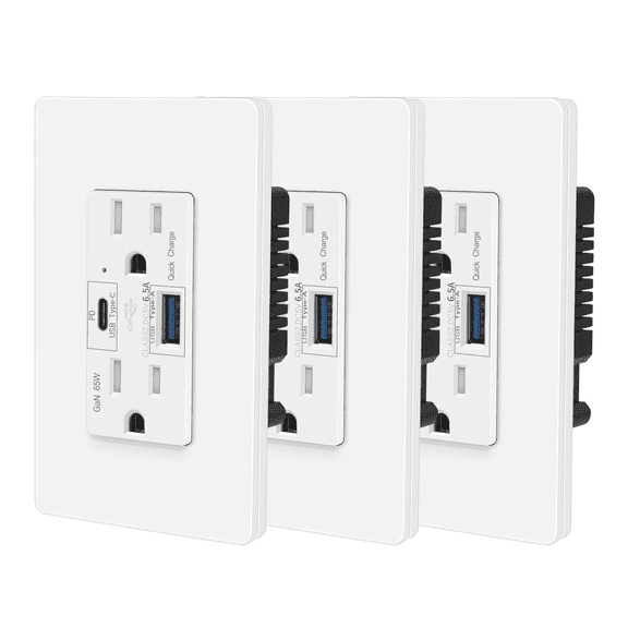 65W USB C PD Outlet Fast Charging for Laptop,Nineleaf 3PK GaN Type C Outlet,15 Amp Tamper Resistant Receptacle Plug,Electrical USB Socket Charge for Mac Air,iPhone 15,Android,UL Listed