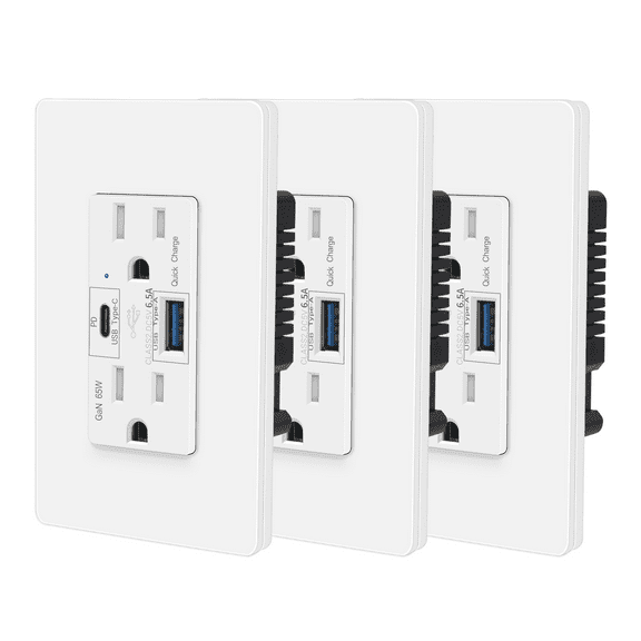 65W USB C PD Outlet Fast Charging for Laptop,Nineleaf 3PK GaN Type C Outlet,15 Amp Tamper Resistant Receptacle Plug,Electrical USB Socket Charge for Mac Air,iPhone 15,Android,UL Listed