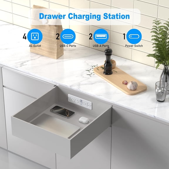 65W USB C Recessed Power Strip, White