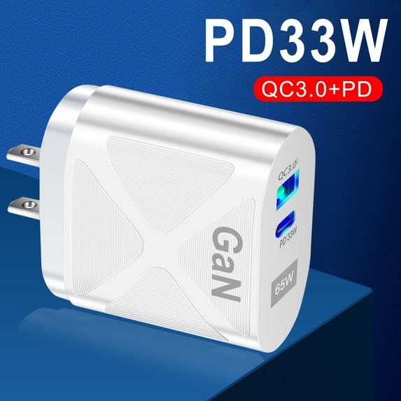 65W USB C Wall Charger, 65W Fast Charging Block 2-Port GaN Type C Charger,Fast Charging Block USB C with PD USB-C and QC3.0 Fast Charging Adapter 2 Plug Cube for Travel