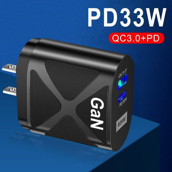 65W USB C Wall Charger, 65W Fast Charging Block 2-Port GaN Type C Charger,Fast Charging Block USB C with PD USB-C and QC3.0 Fast Charging Adapter 2 Plug Cube for Travel