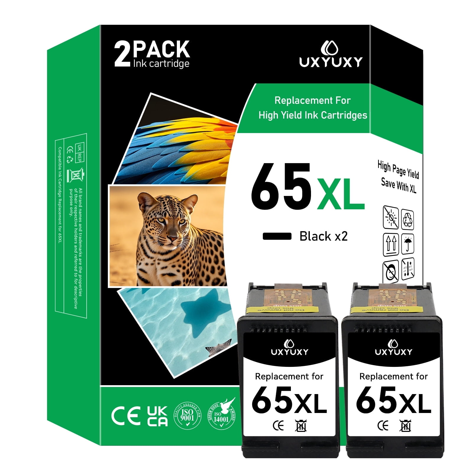 65XL 65 Ink Cartridges Compatible for HP Printer Ink 65 for Deskjet 2622 2624 2652 2655 3720 3721 3722 3723 3732 3758 Envy 5052 5058 (2 Black)