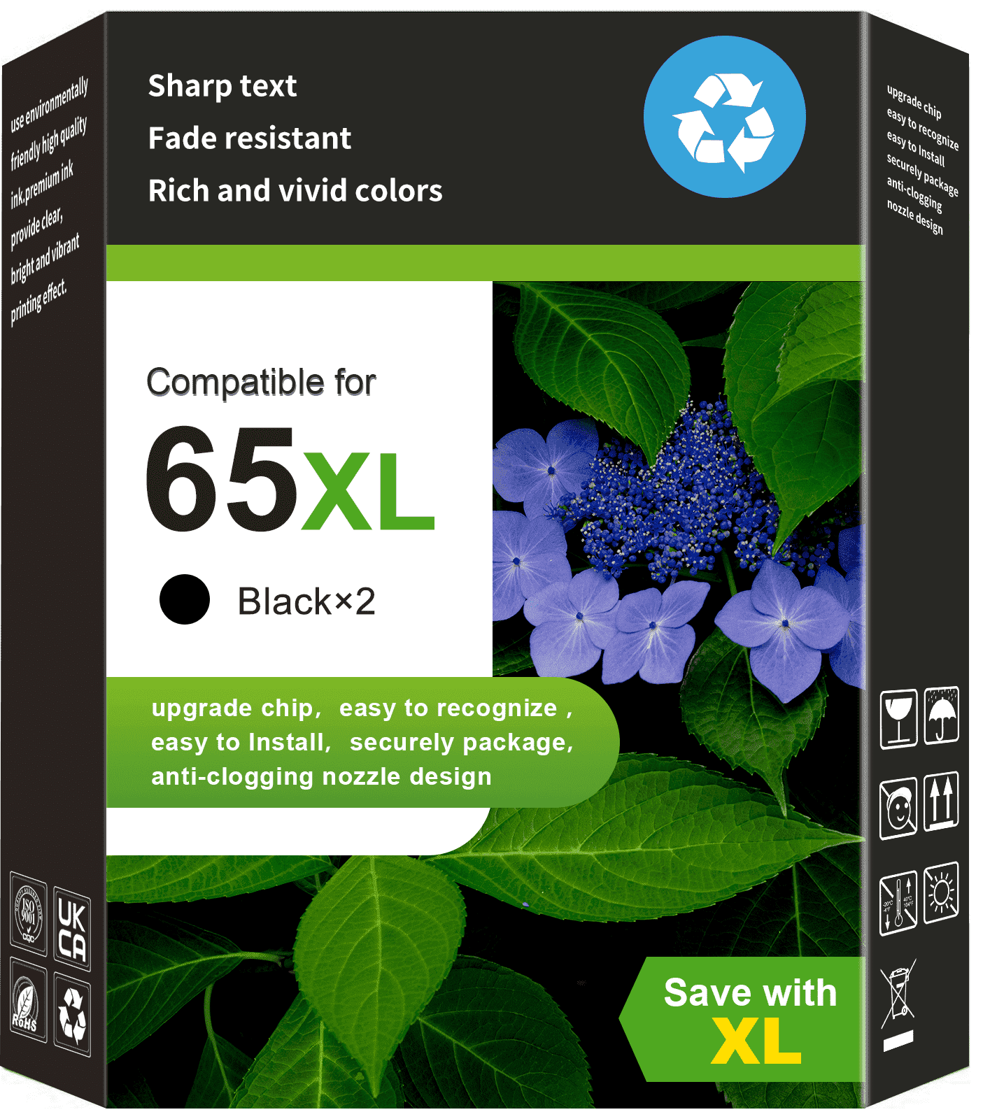 65XL Black Ink Compatible for HP 65 Ink Cartridge for Envy 5000 DeskJet 2600 3700, 2 Pack
