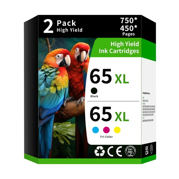 65XL Ink Cartridge Combo Pack Compatible Replacement for HP 65 to Use with HP DeskJet 3755 3772 3700 3752 3722 2600 2622 Envy 5055 5000 5070 5052 (2 Pack, Tri-Color Black)