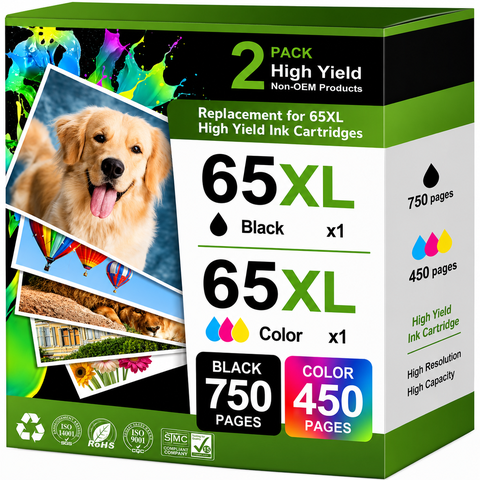 65XL Ink Cartridge Compatible for HP65 XL Ink 65 Ink Cartridge Use with Deskjet 2652 2652 Printer Ink and 3755 3752 2655 Envy 5055 5000 5052 5014 Printer (1 Black, 1 Tri-Color, 2-Pack)
