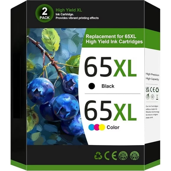 65 Ink Cartridge Compatible for HP 65 65XL Ink Cartridge for DeskJet 3752 3755 3772 Envy 5055 5000 Printer (Black, Tri-Color), 2-Pack