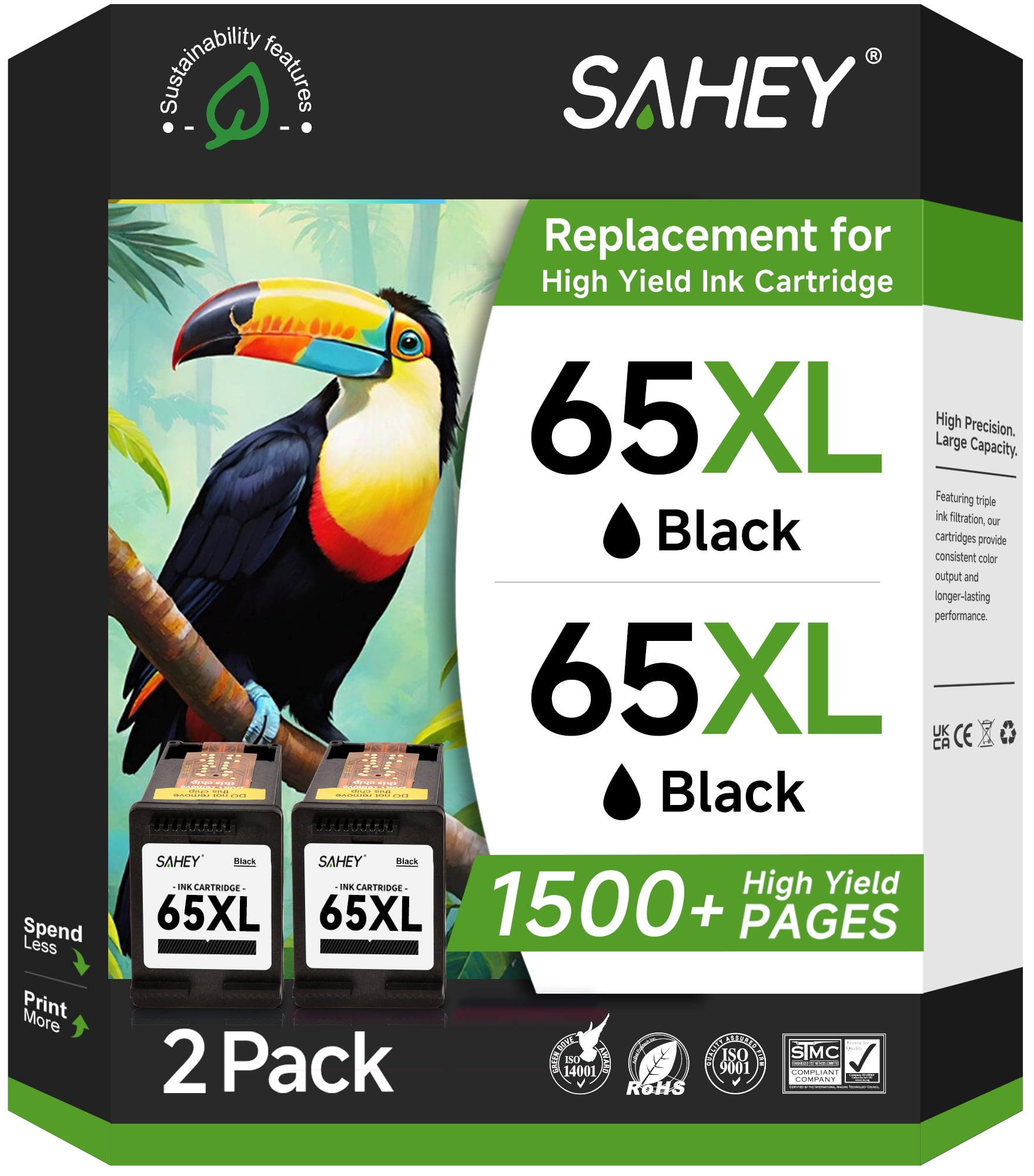 65XL Ink Cartridges Compatible for HP 65 Ink Cartridge for 65XL Black Ink Cartridge for Envy 5055 5000 5052 5014 Deskjet 3755 2652 3752 2655 AMP100 120 125 Printer(2 Black)
