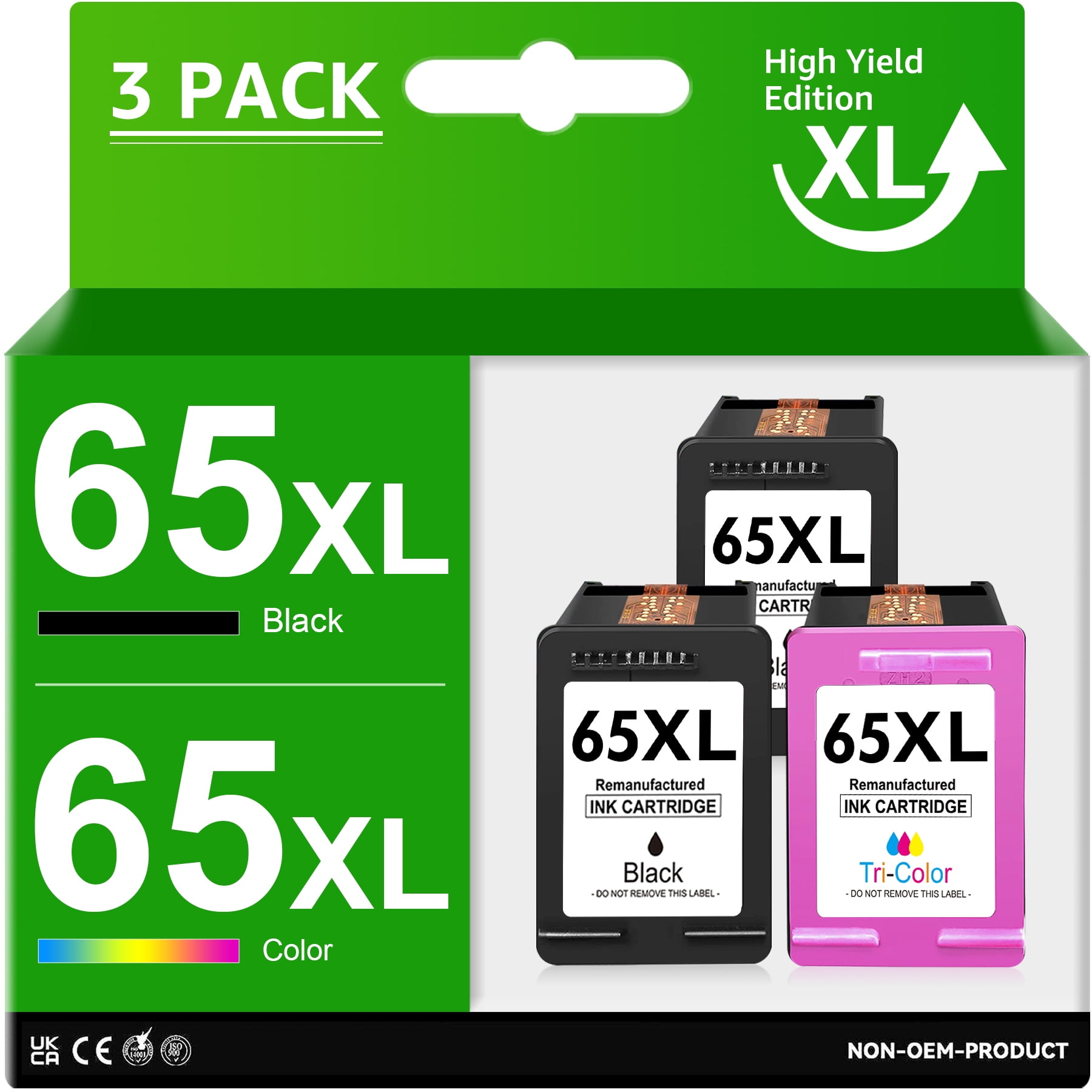 HP 65XL Remanufactured Ink Cartridges (3 Pack) for DeskJet, Envy, AMP
