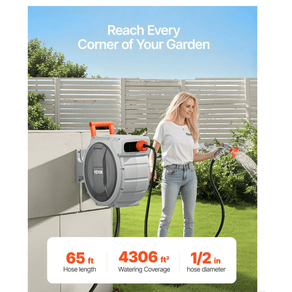 65ft Retractable Hose Reel with 8-Function Nozzle, 1/2 Inch Automatic Rewind Wall Mount Water Hose Reel for Garden Yard