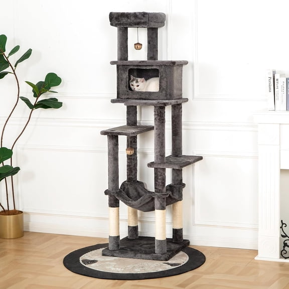 65in Large Tree Condo Furniture for Indoor Kitties, Multi-Level Tower with 4 Posts, Cave, Hammock, Perch & Reinforced Base, Plush Gray
