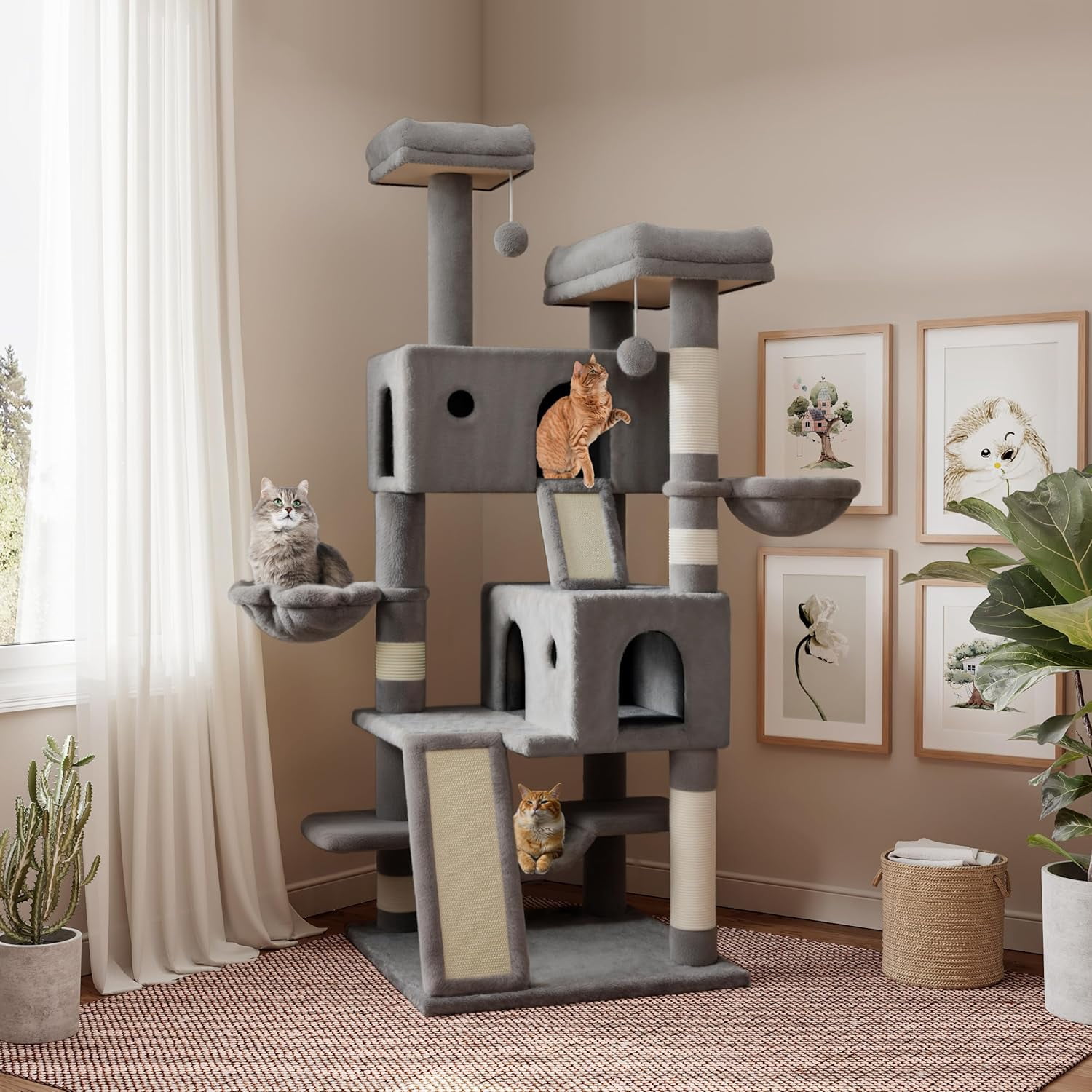 65in Multi-Level Cat Tree Tower, Indoor Activity Center with Wide Base ...