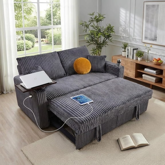 65in Sleeper Sofa Bed, 3 in 1 Convertible Pull Out Couch with Small Table, USB Ports, Cup Holders & 5-Level Adjustable Backrest, Corduroy Loveseat Sofa for Living Room, Bedroom, Apartment (Gray)