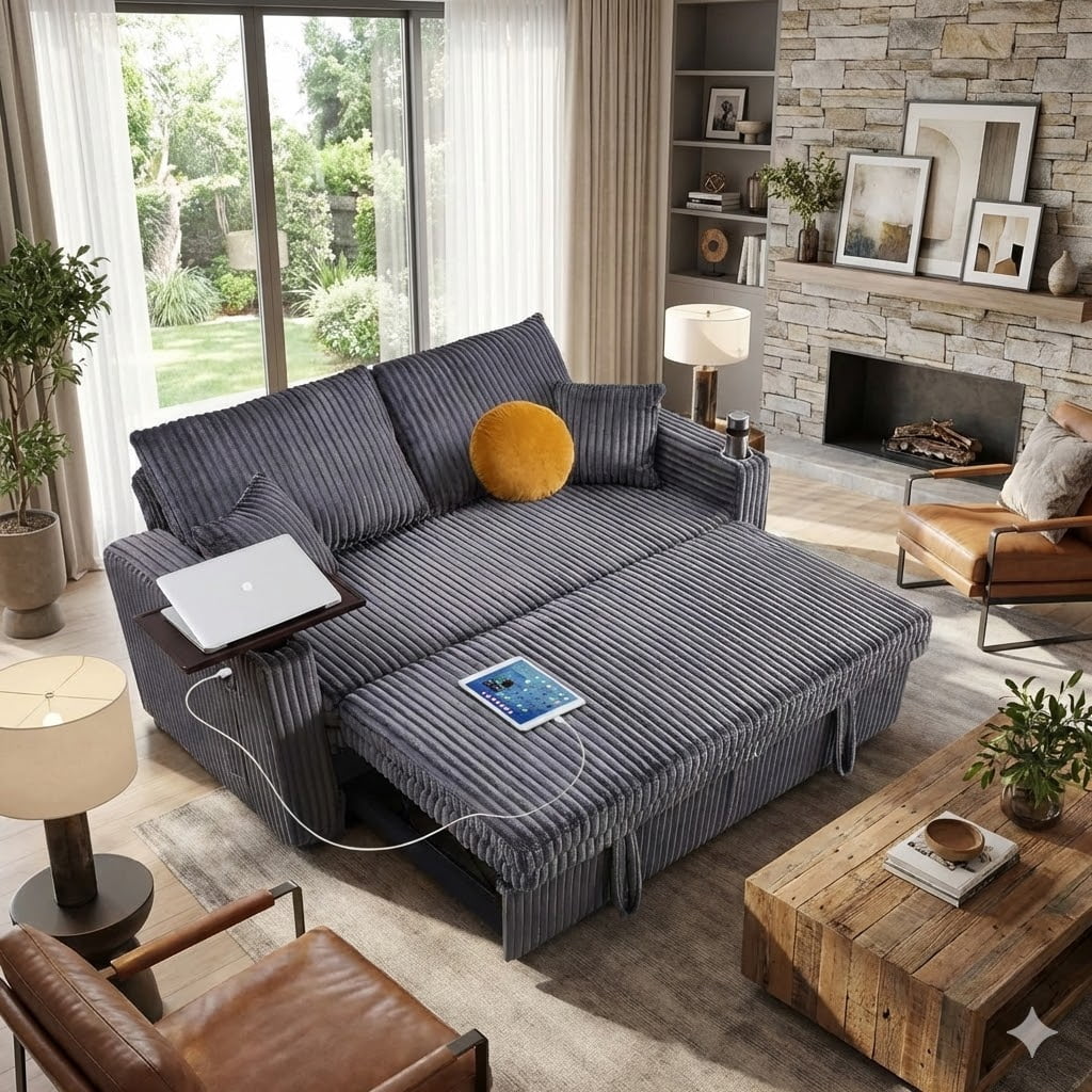 65in Sleeper Sofa Bed, Convertible Pull Out Couch with Small Table, USB Ports & Adjustable Backrest, Corduroy Loveseat Sofa Bed for Apartment, Bedroom, Living Room (Dark Gray)