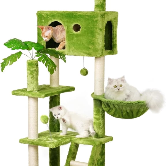 65in Tall Cat Tree with Leaves for Indoor Cats, Green Cat Tower with Scratching Post,Hanging Hammock,Cozy Perch,Swing Ball,Self Groomer and Cat Ladder,Cat Tree Tower