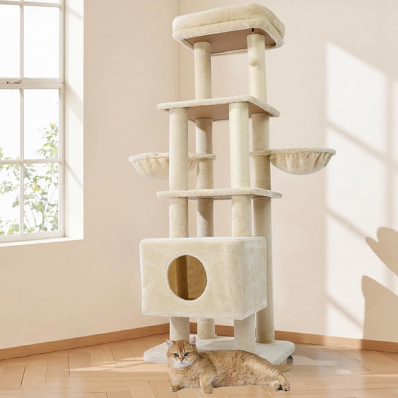 65in heavy duty cat tower for large cats, multi-level with replaceable sisal post & hammock. Ideal for multi-cat homes: extra-large platform & condo to stretch & relax. Beige