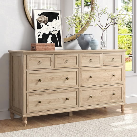 65inch Large Long Drawer Dresser w/Deep Drawers,Rustic Wood 8 Drawer Dresser with Large Capacity for Living Room,Wooden Chest of Drawers for Bedroom,Living Room,Entryway,Oak