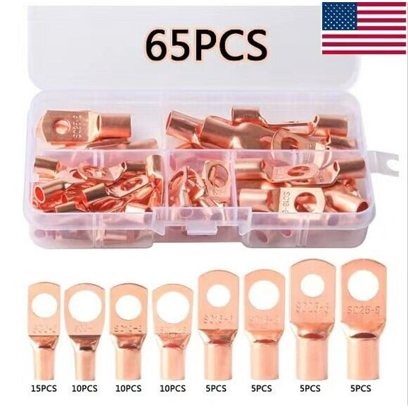 65pcs Copper Tube Terminals Battery Welding Cable Lug Ring Crimp Connectors Kit