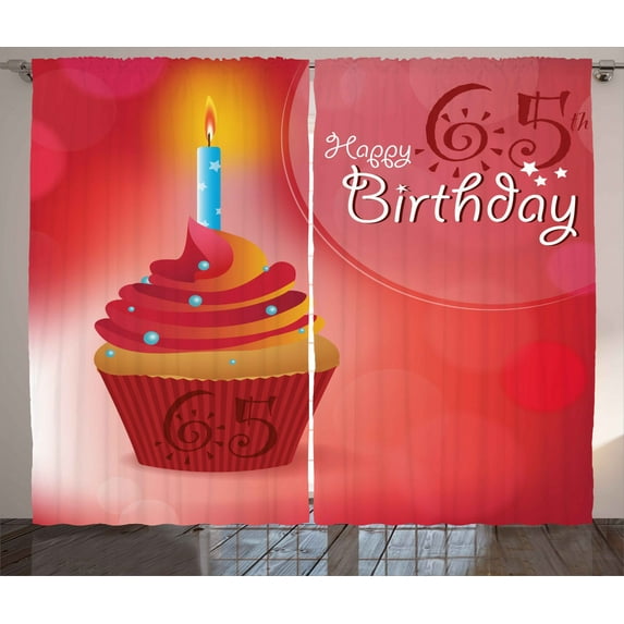 Ambesonne 65th Birthday Curtains 2 Panel Set, Birthday Cupcake Art, 108" x 96", Orange Blue Red