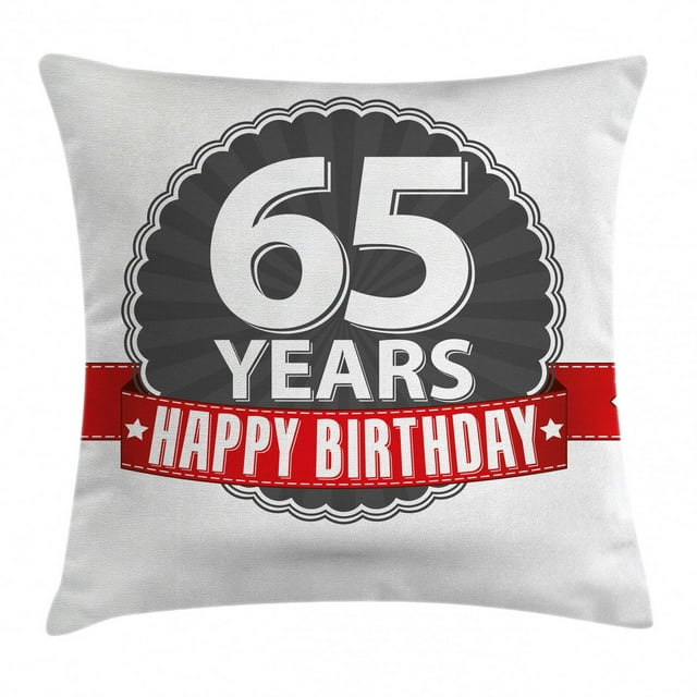 65th Birthday Decorations Throw Pillow Cushion Cover, Classical Vintage Emblem with Sixty Five Years Icon Happiness, Decorative Square Accent Pillow Case, 24 X 24 Inches, Red Grey White, by Ambesonne