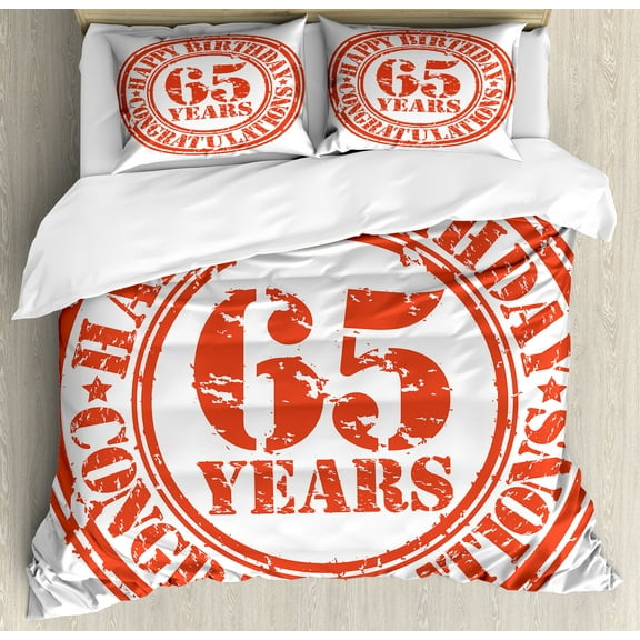65th Birthday Duvet Cover Set, 65 Years Old Congrats Grunge Style Rubber Stamp Design, Decorative 3 Piece Bedding Set with 2 Pillow Shams, Calking Size, Red White, by Ambesonne