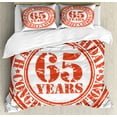 thumbnail image 1 of 65th Birthday Duvet Cover Set, 65 Years Old Congrats Grunge Style Rubber Stamp Design, Decorative 3 Piece Bedding Set with 2 Pillow Shams, Queen Size, Red White, by Ambesonne, 1 of 3