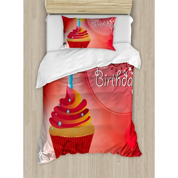 65th Birthday Duvet Cover Set, 65 Years Old Sun and Stars Cupcake Candlestick Illustration, Decorative 2 Piece Bedding Set with 1 Pillow Shams, Twin Size, Orange Blue Red, by Ambesonne