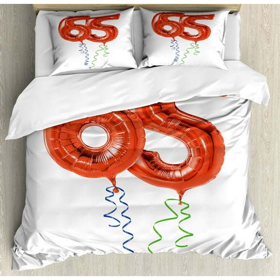 65th Birthday Duvet Cover Set, Birthday Balloons for Age 65 Joyous Cheerful Party Object Image, Decorative 3 Piece Bedding Set with 2 Pillow Shams, King Size, Red Green Blue, by Ambesonne