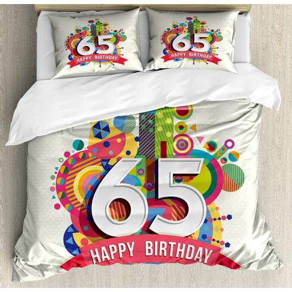65th Birthday Duvet Cover Set King Size, Festive Composition with Colorful Figures and Celebratory Label Image Print, Decorative 3 Piece Bedding Set with 2 Pillow Shams, Multicolor, by Ambesonne