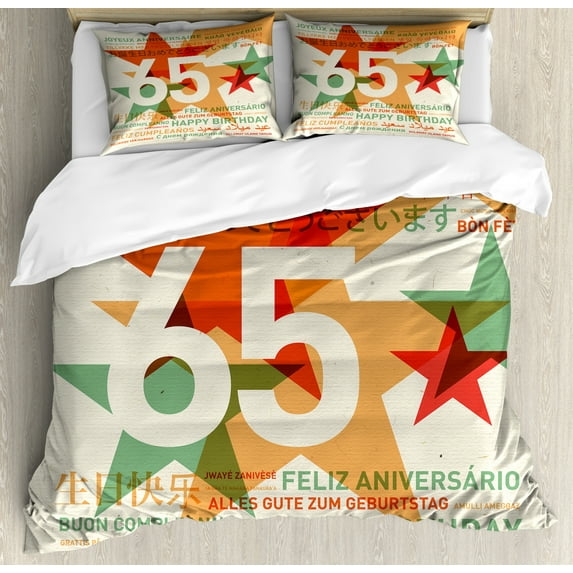 65th Birthday Duvet Cover Set King Size, Happy Birthday in Languages French Italian Worldwide Universal Celebration, Decorative 3 Piece Bedding Set with 2 Pillow Shams, Multicolor, by Ambesonne