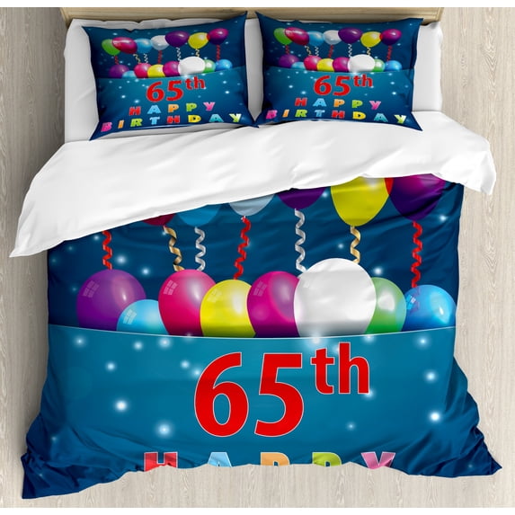 65th Birthday Duvet Cover Set King Size, Special Day for Sixty Five Years Old Surprise Balloons in Colorful Design, Decorative 3 Piece Bedding Set with 2 Pillow Shams, Multicolor, by Ambesonne
