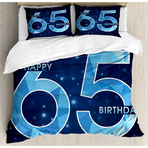 65th Birthday Duvet Cover Set, Modern Numbers on the Night Sky Inspired Dark Backdrop, Decorative 3 Piece Bedding Set with 2 Pillow Shams, Queen Size, Dark Blue Pale Blue, by Ambesonne