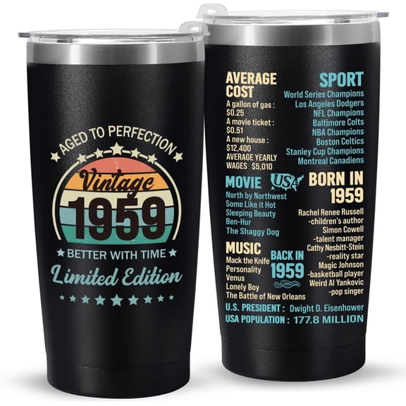 65th Birthday Gifts for Women Men Parents Grandparents 65Years Old Gifts- 20 oz Double-sided Vintage 1959 with Time Information Tumbler Cup(black) Turning 65- TB007