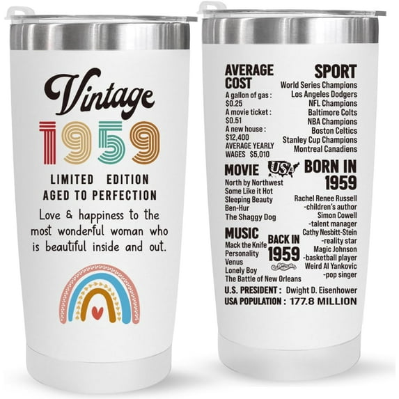 65th Birthday Gifts for Women Parents Grandparents 65 Years Old Gifts- 20 oz Double-sided Vintage 1959 with Time Information Tumbler Cup(white) Turning 65- TW007
