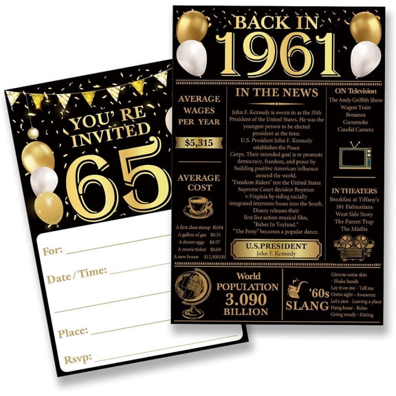 65th Birthday Party Invitations for Women Men - Back in 1961 Invites 65 Year Old Birthday Invitations Set (20 Invites and Envelopes)