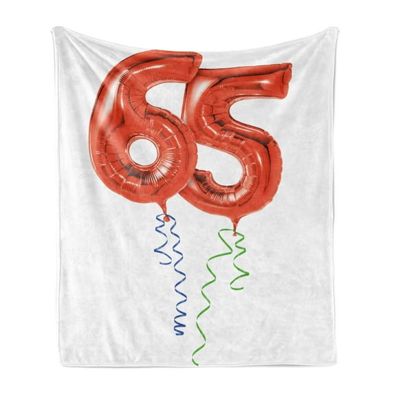 65th Birthday Soft Flannel Fleece Throw Blanket, Birthday Balloons for Age 65 Joyous Cheerful Party Object Image, Cozy Plush for Indoor and Outdoor Use, 50" x 60", Red Green Blue, by Ambesonne