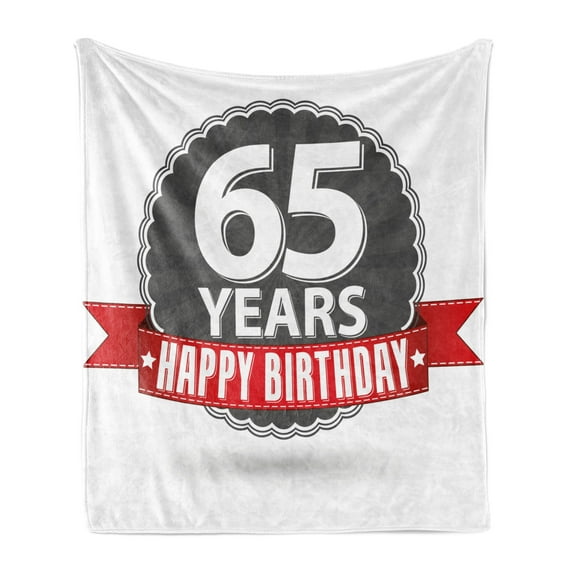 65th Birthday Soft Flannel Fleece Throw Blanket, Classical Vintage Emblem with 65 Years Old Theme Happiness, Cozy Plush for Indoor and Outdoor Use, 50" x 70", Red Grey White, by Ambesonne