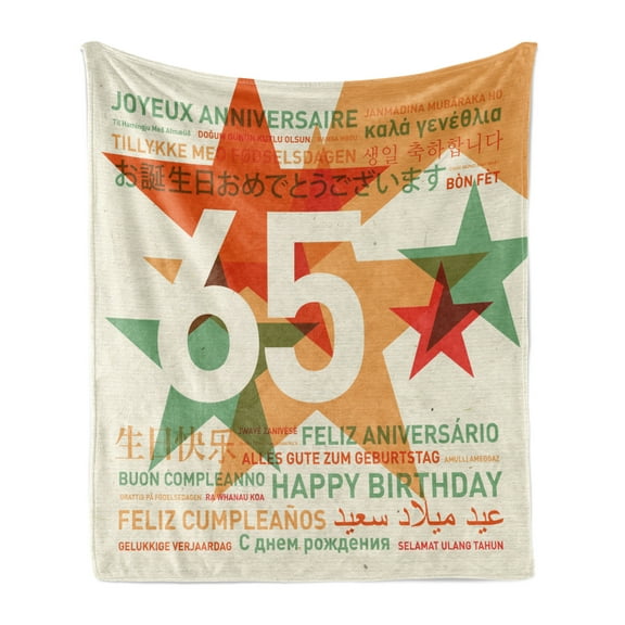 65th Birthday Soft Flannel Fleece Throw Blanket, Happy Birthday in Languages French Italian Worldwide Universal Celebration, Cozy Plush for Indoor and Outdoor Use, 60" x 80", Multicolor, by Ambesonne
