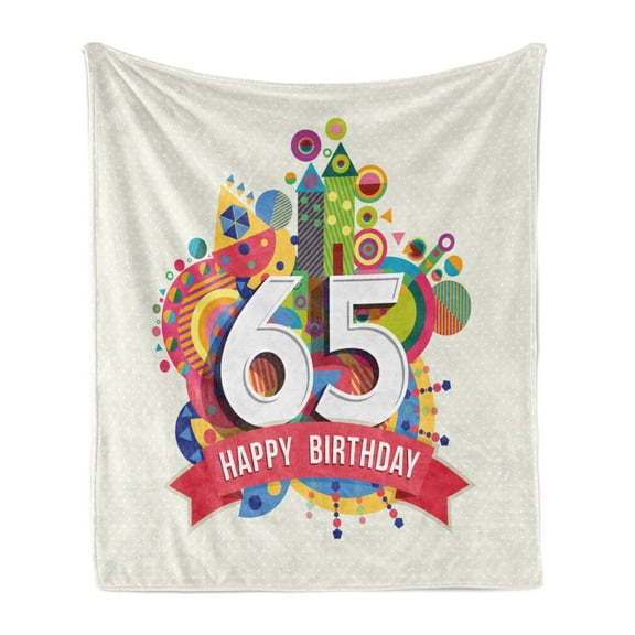 65th Birthday Soft Flannel Fleece Throw Blanket, Wording and Composition with Colorful and Celebratory Image, Cozy Plush for Indoor and Outdoor Use, 50" x 60", Multicolor, by Ambesonne
