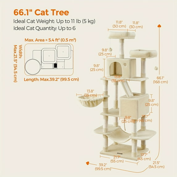 66.1/44.1in Cat Tree, Large Cat Tower with 13 Scratching Posts, 2 Perches, 2 Caves,Stable Kitty Play House, Multi-Level Plush Cat Condo for Indoor Cat, Easy to Assemble, Perfect Gift for Pet Families
