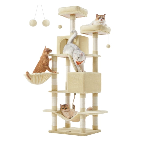 66.1"H Cat Tree Cat Tower for Indoor Cats, Plush Multi-Level Cat Condo with Scratching Posts, Perches, Caves, Hammock, Beige
