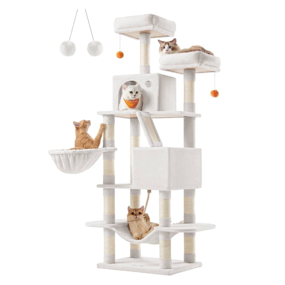 66.1"H Cat Tree Cat Tower for Indoor Cats, Plush Multi-Level Cat Condo with Scratching Posts, Perches, Caves, Hammock, Cream White