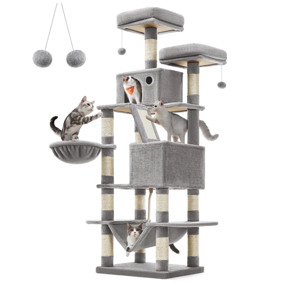 66.1"H Cat Tree Cat Tower for Indoor Cats, Plush Multi-Level Cat Condo with Scratching Posts, Perches, Caves, Hammock, Light Gray