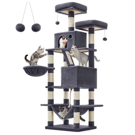 66.1"H Cat Tree Cat Tower for Indoor Cats, Plush Multi-Level Cat Condo with Scratching Posts, Perches, Caves, Hammock, Smoky Gray