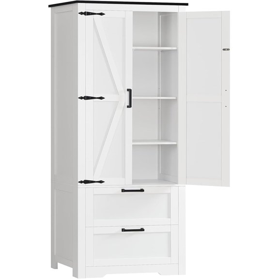 66.2" H Storage Cabinet with 2 Drawers, Farmhouse Kitchen Pantry Cabinet with 2 Doors & Adjustable Shelf, Bathroom Cabinet, for Living Room, Kitchen, Bathroom, White