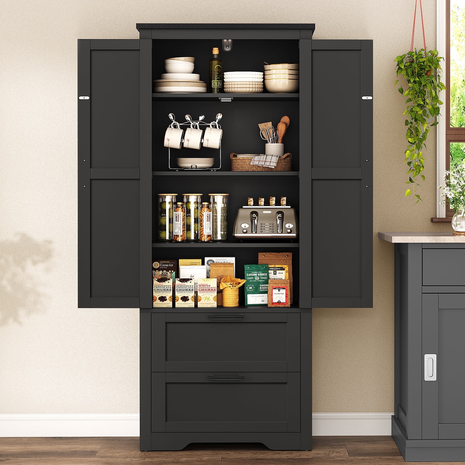 66.2" H Storage Cabinet with 2 Drawers, Farmhouse Kitchen Pantry Cabinet with 3 Doors & Adjustable Shelf, Handbag Storage Organizer, for Living Room, Kitchen, Bedroom, Black