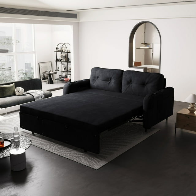 66.2" Queen Pull Out Sofa Bed, Hydraulic System Convertible Sleeper Sofa with Storage and 2 Soft Pillows, Tufted Button Upholstered Couch,Multi-Functional Velvet Loveseat Bed,Black